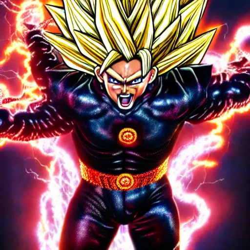 Image similar to uhd photorealistic detailed image of max voltage, the rock and roll emperor, dressed as super saiyan emperor, powering up, wearing extremely intricate costume and makeup, by ayami kojima, amano, and karol bak