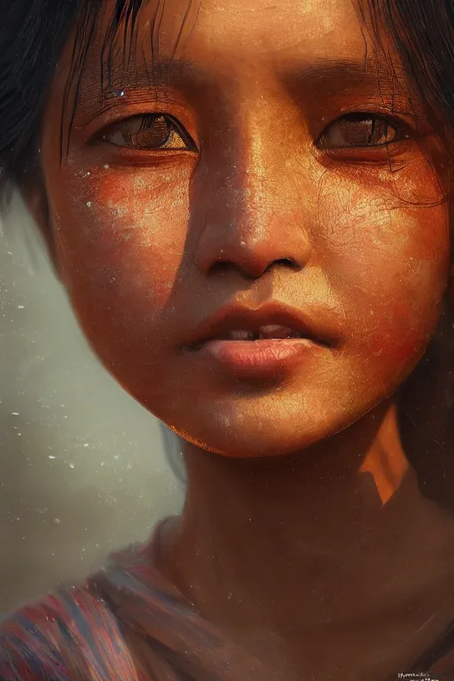 Image similar to a young nepalese woman, close-up portrait, poor, intricate, elegant, volumetric lighting, scenery, digital painting, highly detailed, artstation, sharp focus, illustration, concept art,ruan jia, steve mccurry