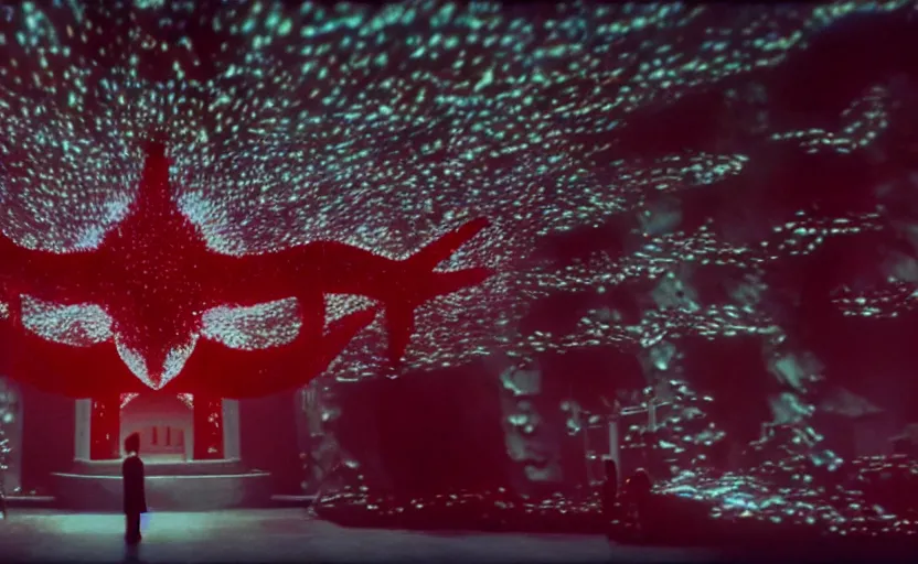 Image similar to light coming out of one starfish - like kaiju anthropomorphic monster, korean film noir by kim jong - il, korean traditional palace, pyongyang city, 1 9 6 0 s, red color bleed, 4 k, video compression, video glitch, monochrome, akira kurosawa, mamoru oshii, wes anderson, stanley kubrick