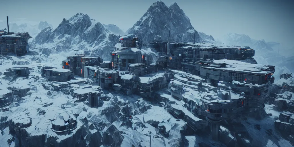 Image similar to a cyberpunk army base built on top of a high snow mountain in the alps, concrete, brutalism, rendered in octane, unreal engine 5, trending on artstation, 8 k