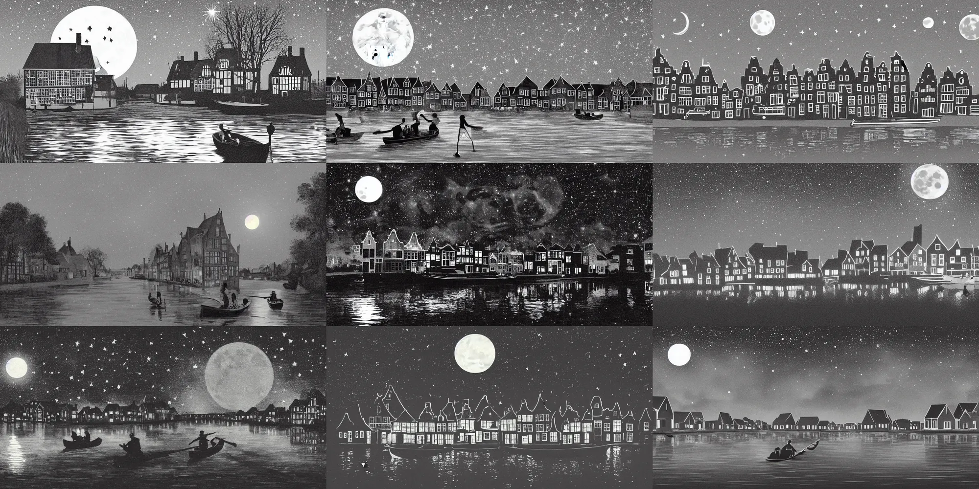 Prompt: Dutch houses along a river, silhouette!!!, Circular white full moon, black sky with stars, lit windows, stars in the sky, b&w!, Reflections on the river, a man is punting, flat!!, Front profile!!!!, Style of Frank Weston, illustration