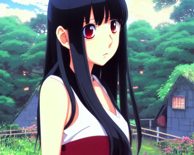 Prompt: beautiful anime girl with long black hair and bangs, red eyes, fine details portrait, village in the background, bokeh. anime masterpiece by Studio Ghibli. illustration, sharp high-quality anime illustration in style of Ghibli, Ilya Kuvshinov, Artgerm