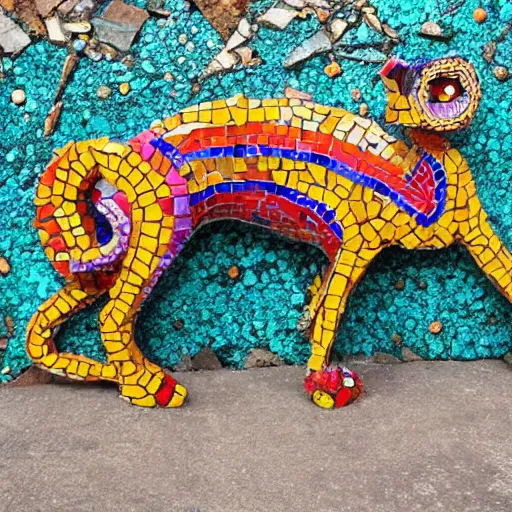 Prompt: mosaic sculpture of a alebrije chimera!!!, irregularly shaped mosaic tiles, hand glazed pottery shards, in a cottagecore flower garden