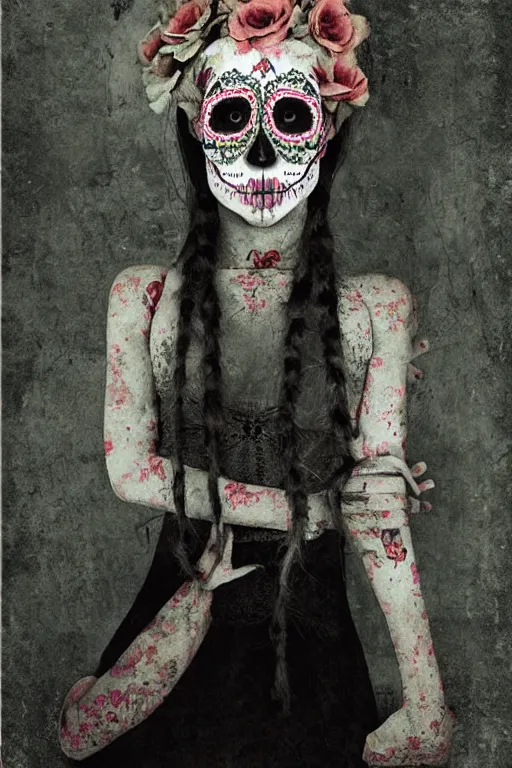 Prompt: Illustration of a sugar skull day of the dead girl, art by zhang kechun