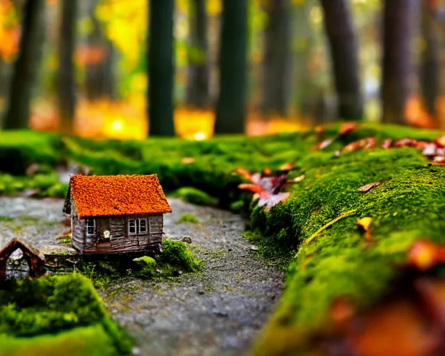 Image similar to dream a miniature village in a forest, moss, autumn, warm colors, photography, depth of field