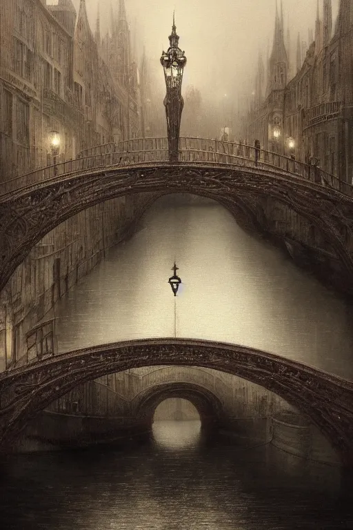 Prompt: breathtaking detailed soft painting of entertwined bridges on a crystal grey sky, intricate right and curves light bridges in a canal, art nouveau music instrument and a red spot, rembrandt style, elegant, highly detailed, artstation, concept art, matte, sharp focus, art by tom bagshaw, and greg rutkowski