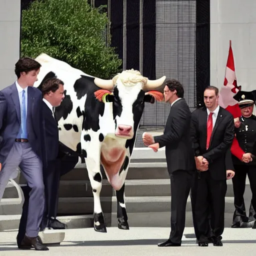 Prompt: justin trudeau. he is an animated cow patty. world leaders meeting,