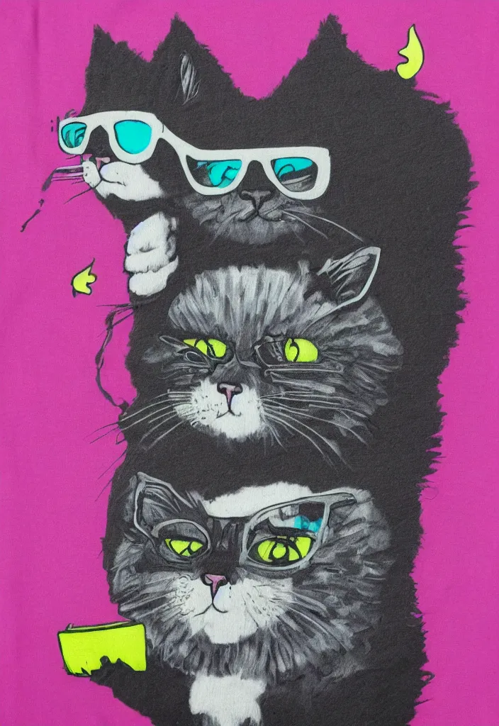 Image similar to fluffy cat with an afro comb t - shirt design, by jules julien, alex yanes, dark grisaille monochrome neon spraypaint, ironic surrealism, hypebeast