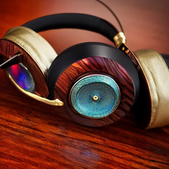 Image similar to masterpiece photo of beautiful crafted artistic bismuth metal headphones, bismuth rainbow metal, bismuth cups, leather padding, displayed on mahogany desk, modernist headphones, bismuth headphones beautiful well designed, hyperrealistic, audiophile, intricate hyper detail, extreme high quality, photographic, meze audio, sennheiser, hifiman, artstation, abyssal audio