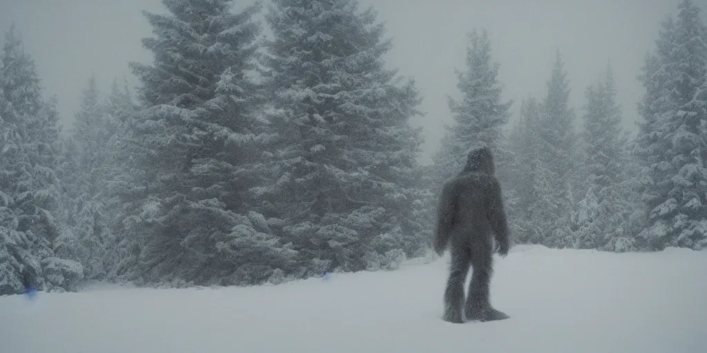 Prompt: photo, bigfoot faintly appears in the distance, barely able to be seen. cold color temperature, snow storm. hazy atmosphere. humidity haze. kodak ektachrome, greenish expired film, award winning, low contrast