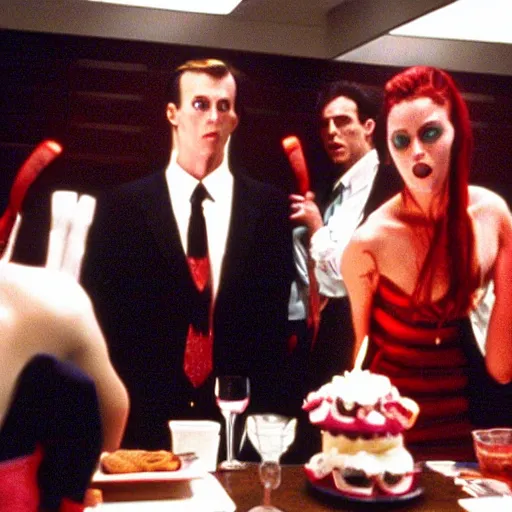 Prompt: Birthday party in American Psycho (1999)