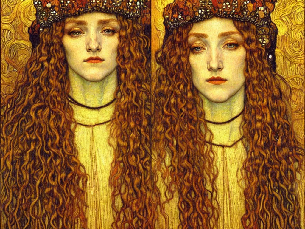 Image similar to detailed realistic beautiful young medieval queen face portrait by jean delville, gustav klimt and vincent van gogh, art nouveau, symbolist, visionary, gothic, pre - raphaelite, muted earthy colors, desaturated