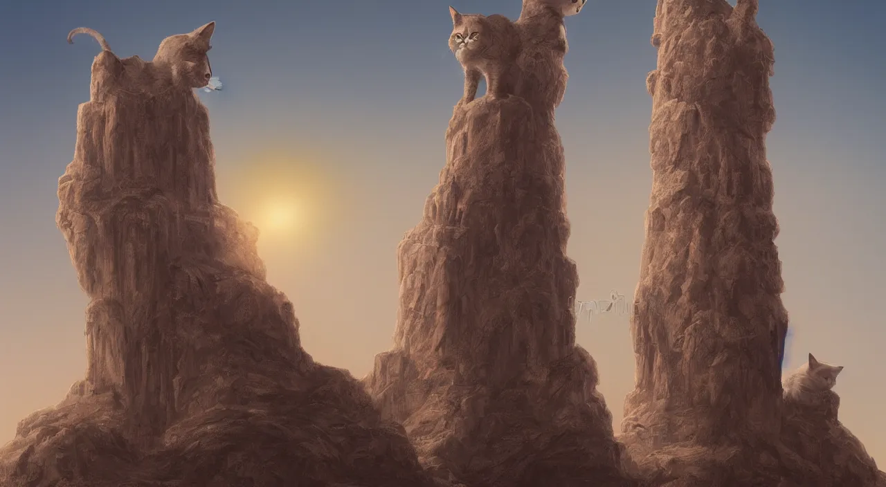 Image similar to a matte painting of a cat shaped tower in desert landscape by Frank Lloyd Wright and Zaha Hadid torch volume light stylized illustration digital airbrush painting, 3d rim light, hyperrealistic masterpiece, artstation, cgsociety, kodakchrome, golden ratio