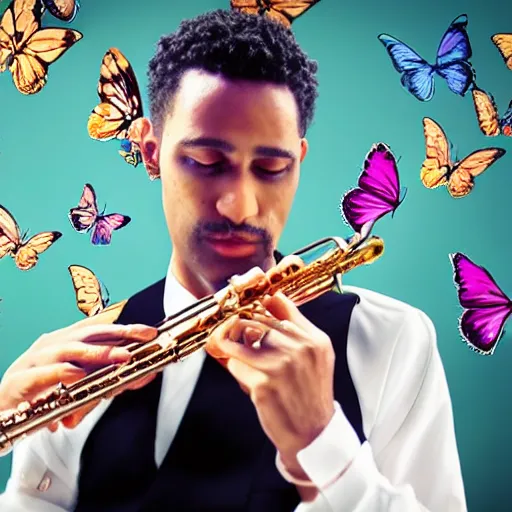 Prompt: swanky Italian restaurant scene, portrait of a formal looking jazz musician playing the flute with multi-color butterflies sitting on the flute, cgi, high energy, 5000K white lighting bias, dim bokeh, 8K, HQ