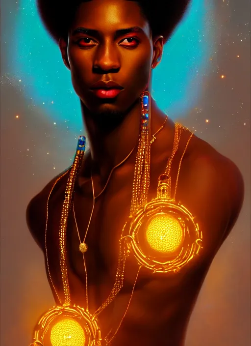 Prompt: portrait of young black man with glowing jewels, afro - futurist style, intricate, elegant, glowing lights, highly detailed, digital painting, artstation, concept art, smooth, sharp focus, illustration, art by wlop, mars ravelo and greg rutkowski