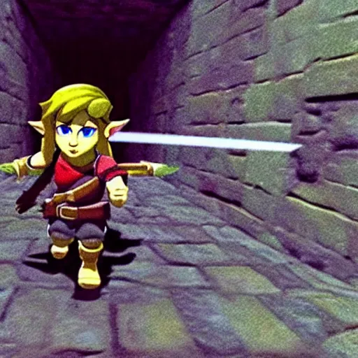 Prompt: gopro footage of link running through a dungeon in the original the legend of zelda