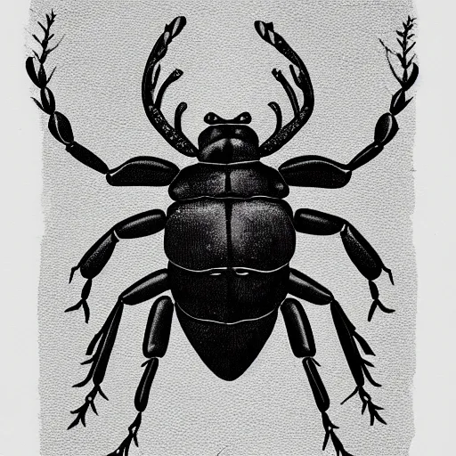 Image similar to male stag beetle, black and white, botanical illustration, black ink on white paper, bold lines