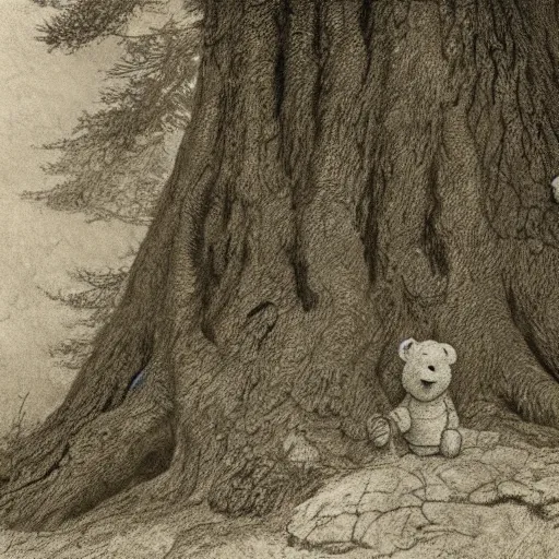 Prompt: highly detailed portrait of winnie the pooh ((winnie the pooh)) near a giant fallen sequoia tree. Fog. Painting by Caspar David Friedrich,Caravaggio, 4k, sepia tone