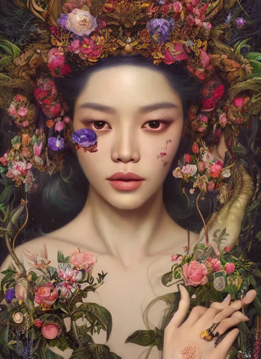 Prompt: portrait of the asian queen of the underworld, surrounded by flowers by karol bak, james jean, tom bagshaw, rococo, sharp focus, trending on artstation, cinematic lighting, hyper realism, octane render, 8 k, hyper detailed.