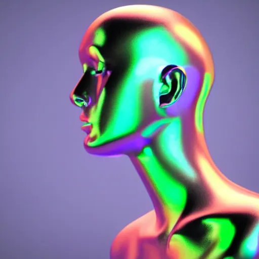 Image similar to 3d render of holographic human robotic head made of glossy iridescent, surrealistic 3d illustration of a human face non-binary, non binary model, 3d model human, cryengine, made of holographic texture, holographic material, holographic rainbow, concept of cyborg and artificial intelligence