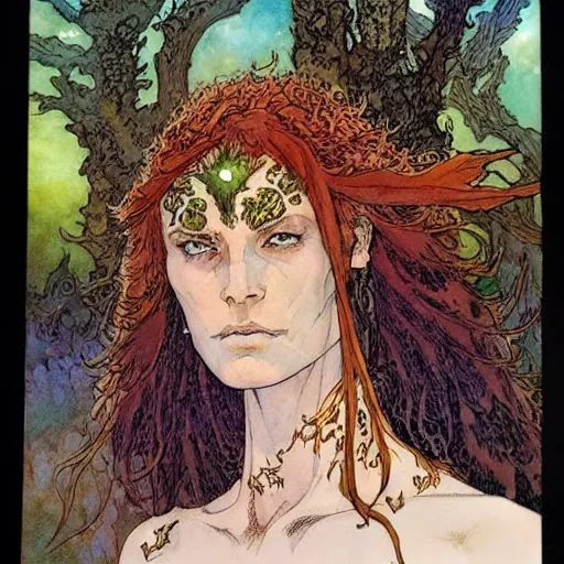 Image similar to a realistic and atmospheric watercolour fantasy character concept art portrait of a freckled incredibly beautiful woman as a druidic warrior wizard looking at the camera with an intelligent gaze by rebecca guay, michael kaluta, charles vess and jean moebius giraud