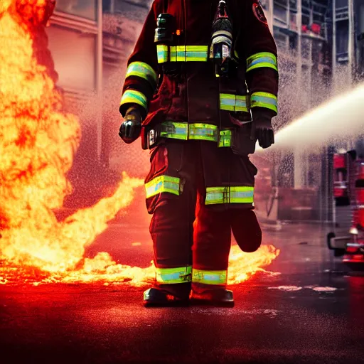 Image similar to cyberpunk mushrom as a firefighter in the city in action, cinematic, high definition, digital art, artstasion, deep depth of field