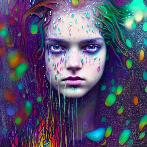 Image similar to girl in psychedelic LSD rain with wet hair and face, fantasy, intricate, elegant, dramatic lighting, emotionally evoking symbolic metaphor, highly detailed, lifelike, photorealistic, digital painting, artstation, concept art, smooth, sharp focus, illustration, art by John Collier and Albert Aublet and Krenz Cushart and Artem Demura and Alphonse Mucha