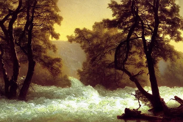 Image similar to oil painting of a detailed old tree next to a raging river by albert bierstadt