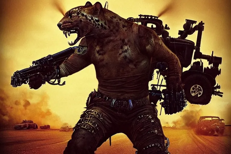 Image similar to a good ol'jaguar fursona ( from the furry fandom ), heavily armed and armored facing down armageddon in a dark and gritty version from the makers of mad max : fury road. witness me.