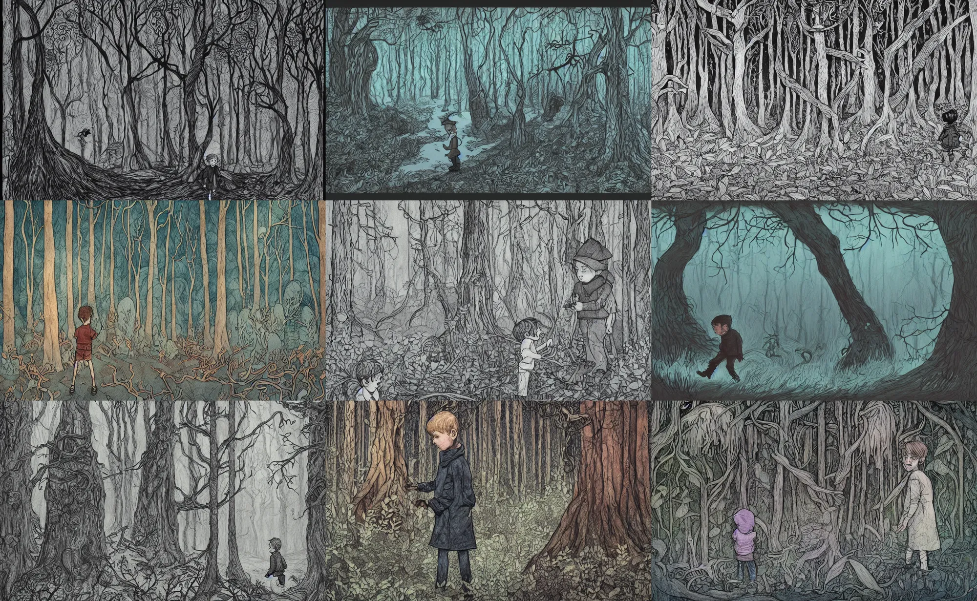 Prompt: book illustration of boy in haunted forest, by beatrice blue, by julia sarda, by loish, by szymon biernacki. dark guache, dark crayons, dark pastels. pencils. dark. hand drawn. low saturation. stylized. intricate. detailed, textured, orthoview. pattern figurative ornament. artstation instagram behance