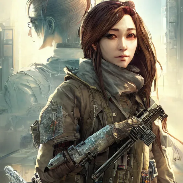 Image similar to the portrait of lawful neutral female cyberpunk infantry sniper as absurdly beautiful, gorgeous, elegant, young woman looking up, an ultrafine hyperdetailed illustration by kim jung gi, irakli nadar, intricate linework, bright colors, octopath traveler, final fantasy, unreal engine 5 highly rendered, global illumination, radiant light, detailed and intricate environment