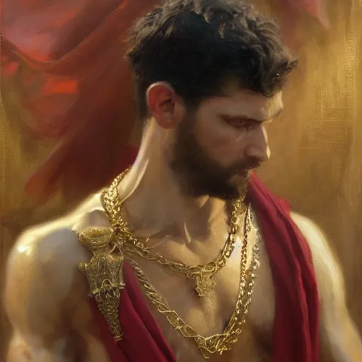 Prompt: detailed realistic cinematic wide shot of beautiful attractive muscular roman empreror gold chain wearing royal red clothes slim face symettrical face clean skin black eyes black robe smooth, sharp focus, ultra realistic, spring light, painting by gaston bussiere, craig mullins, j. c. leyendecker