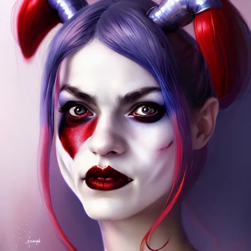 Prompt: facial portrait of a pretty harley quinn, character concept art, headshot, charlie bowater, anna dittmann, wlop, rumiko takahashi, akihiko yoshida, hyung - tae kim, alexander mcqueen, trending on artstation