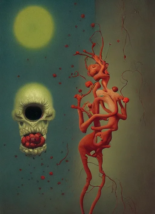 Image similar to She Eats of the Strangling Fruit and Her polyp blossoms bring iridescent fungal flowers whose spores black the foolish stars Edward Hopper and James Gilleard, Zdzislaw Beksinski, Mark Ryden, Wolfgang Lettl highly detailed