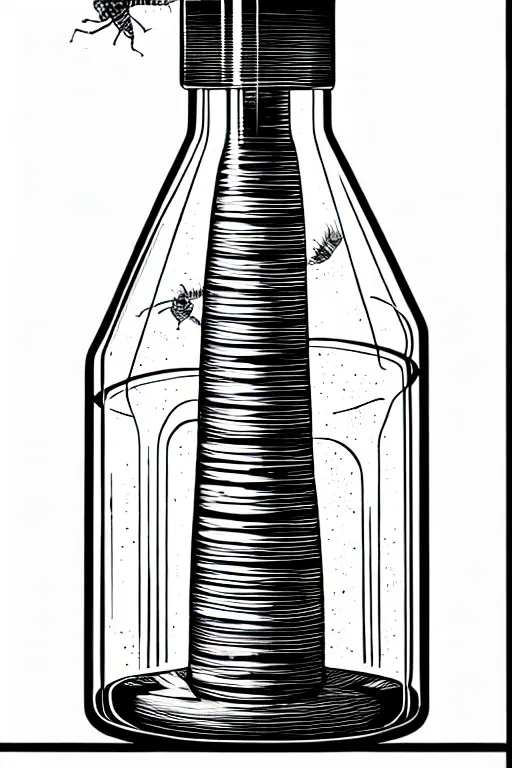 Prompt: an erlenmeyer flask with a caterpillar inside, bold line art, by vincent di fate inking, etching, screen print, masterpiece, sharp, high contrast, hyper - detailed, hd, 4 k, 8 k