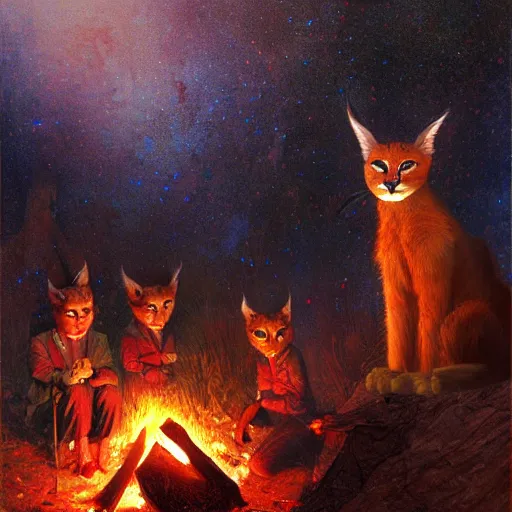 Image similar to cute caracals in red ties playing a guitar near campfire, night, atmospheric lighting, intricate, volumetric lighting, digital art, highly detailed by gaston bussiere, craig mullins, j. c. leyendecker 8 k