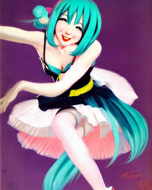 Prompt: hatsune Miku dancing by Gil Elvgren and Enoch Bolle