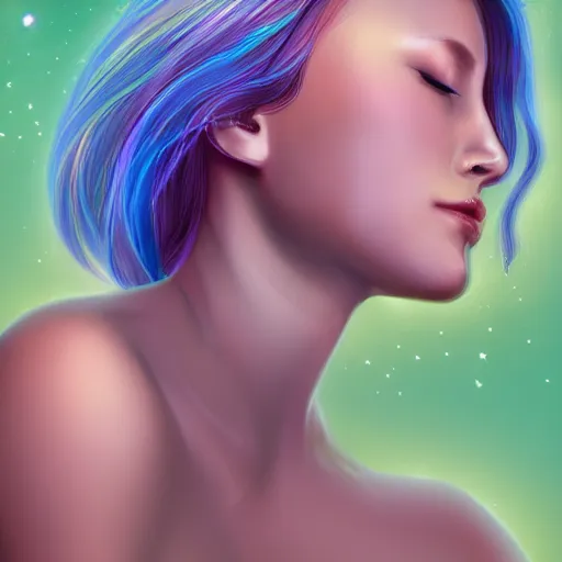 Image similar to portrait of a beautiful girl with iridescent translucent hair, her eyes are closed, hair is floating, digital art, ethereal, dim lighting