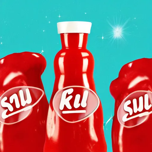 Image similar to ketchup bottle with label with letters on blue background with mars at lower right corner and saturn at upper right corner realistic digital art