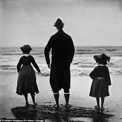 Image similar to a wet plate collodion photo of a Victorian seaside scene, twin girls and an older brother paddle in the lapping waves, watched by their nanny standing on the beach