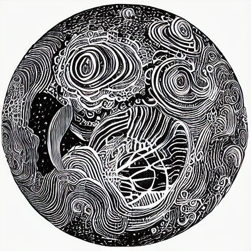 Image similar to black and white ink doodle illustration of a hippo shaped planet in interstellar space, style by peter deligdisch, peterdraws