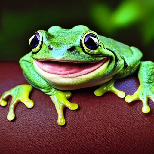 Prompt: a fat happy frog smiling, mouth wide open, happy frog