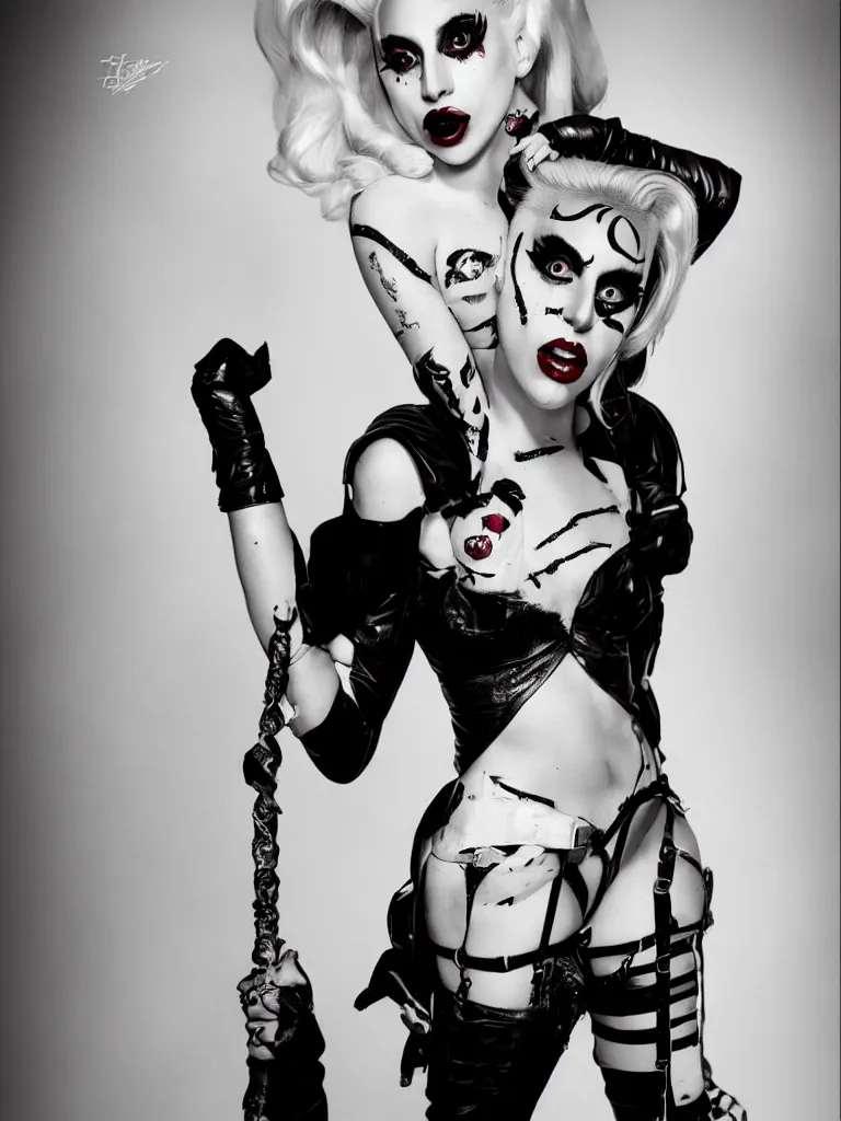 Image similar to dramatic pinup portrait of lady gaga as harley quinn, fashion photography,