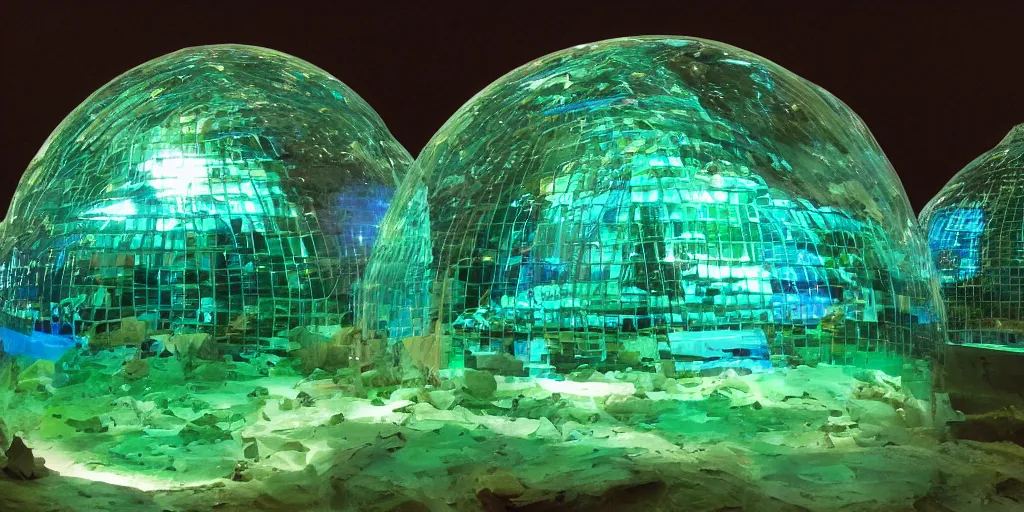 Prompt: underwater dome city with green and blue lights