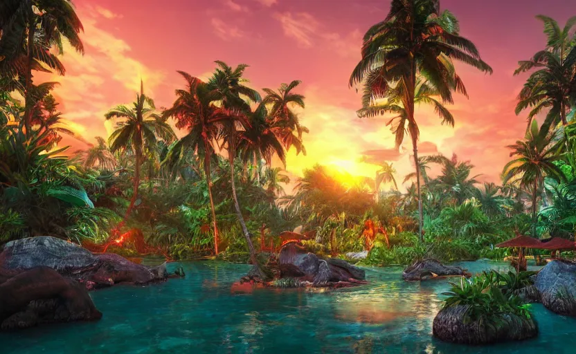 Image similar to a tropical resort in a jungle paradise, with a beautiful red and blue sunset, dynamic lighting, photorealistic fantasy concept art, trending on art station, stunning visuals, creative, cinematic, ultra detailed, ray tracing, sun rays, native tribes, wonderous waters, amazing detail