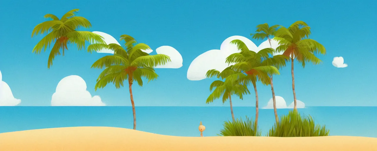 Prompt: illustration of a beach horizon with clouds and one palm tree in the style of goro fujita