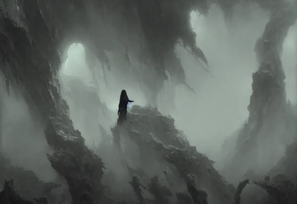 Image similar to she peers into the abyss and sees the abyss looking back at her, dramatic cinematic lighting, smooth, sharp details, intricate, sad and powerful painting by beksinski and ruan jia and greg rutkowski and android jones