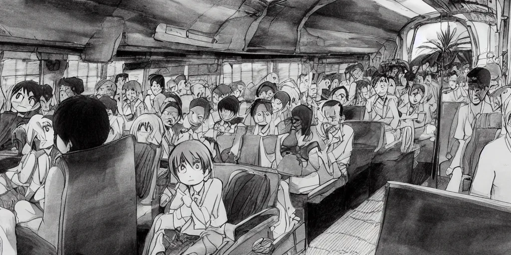 Image similar to inside sri lankan bus, drawn by hayao miyazaki