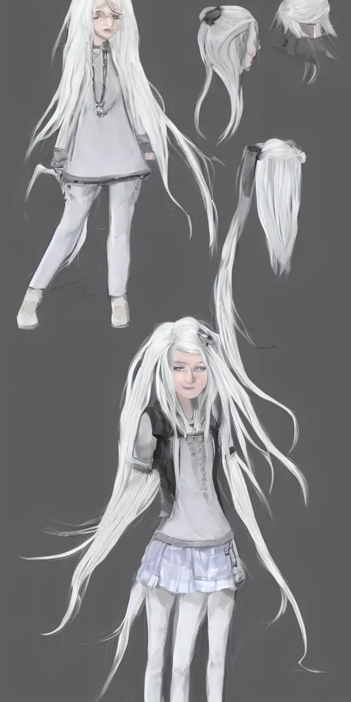Prompt: concept art for a character called shirah. she has long pure white hair. she is a sassy, mean but nice teenage girl. her outfit is mostly white and gray too. detailed digital art