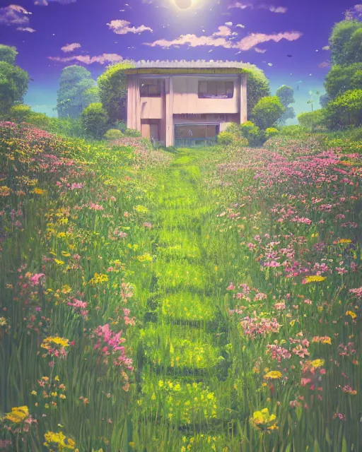 Prompt: detailed photo of small solarpunk house, fields of flowers, grassy, futuristic, 8 k, by studio ghibli, alena aenami, trending on deviantart, hyper detailed, beautiful lighting, epic environment